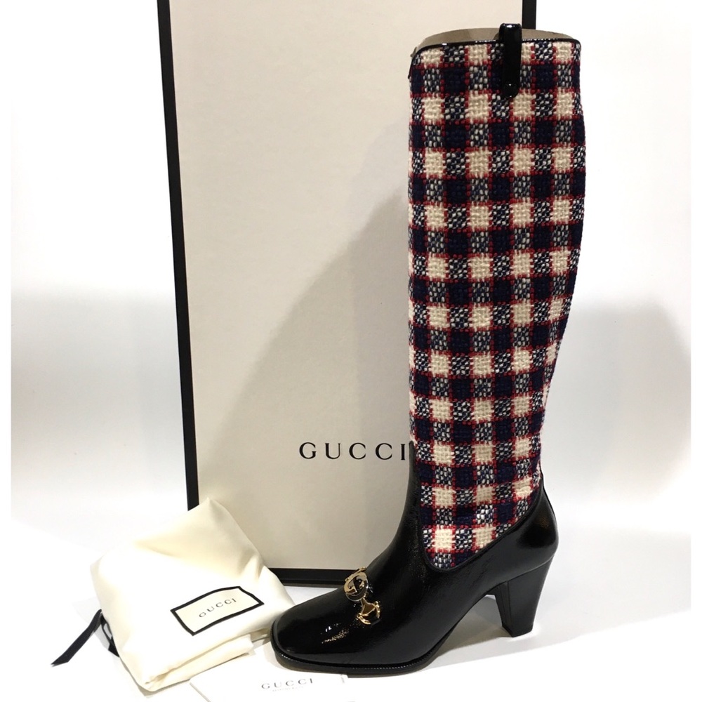 GUCCI GG Zumi Plaid Tweed Knee High Boots -Black -US 9 -NEW